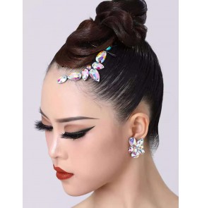 Women girls latin ballroom dance rhinestones headdress modern dance salsa rumba chacha handmade gemstones bling hair accessories